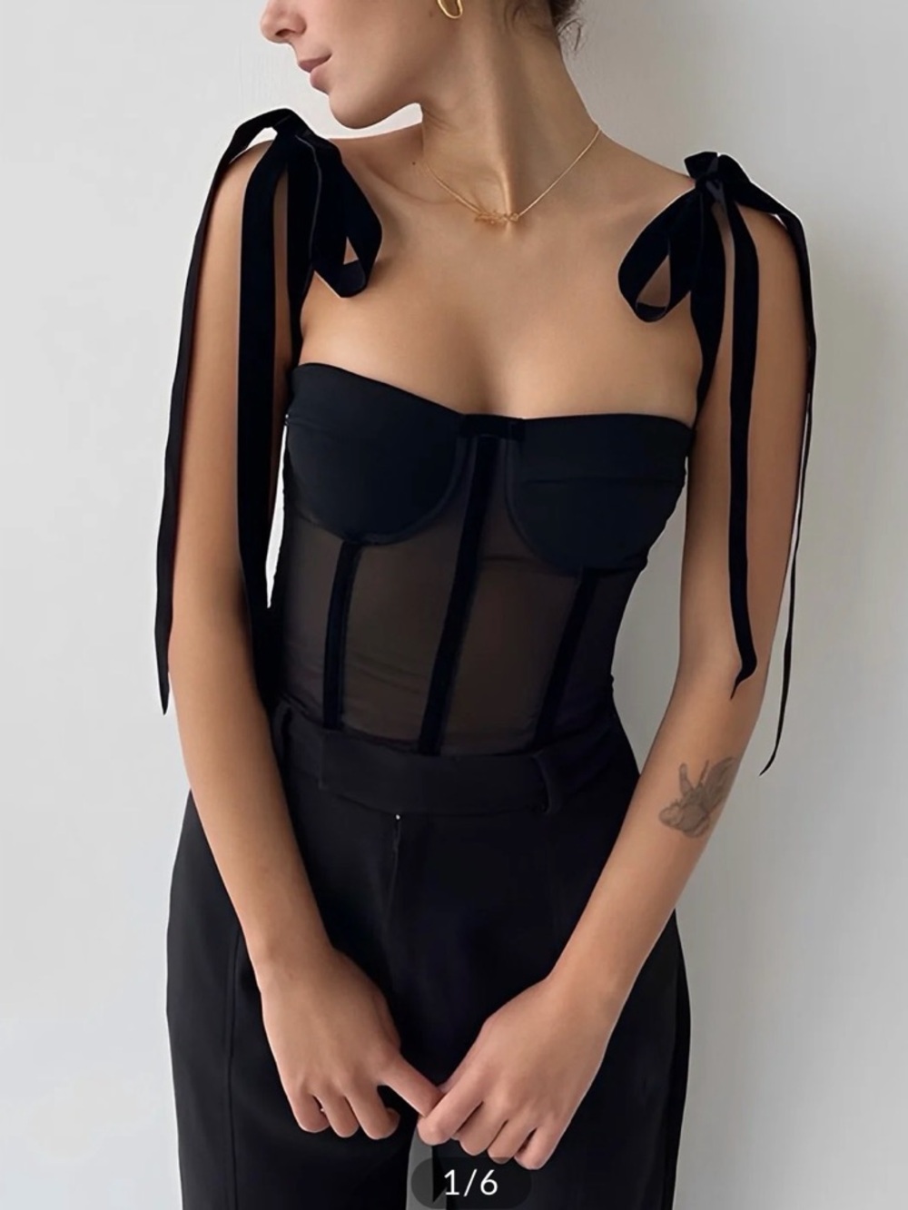 Commense Black Sheer Tie-Shoulder Bustier Bodysuit